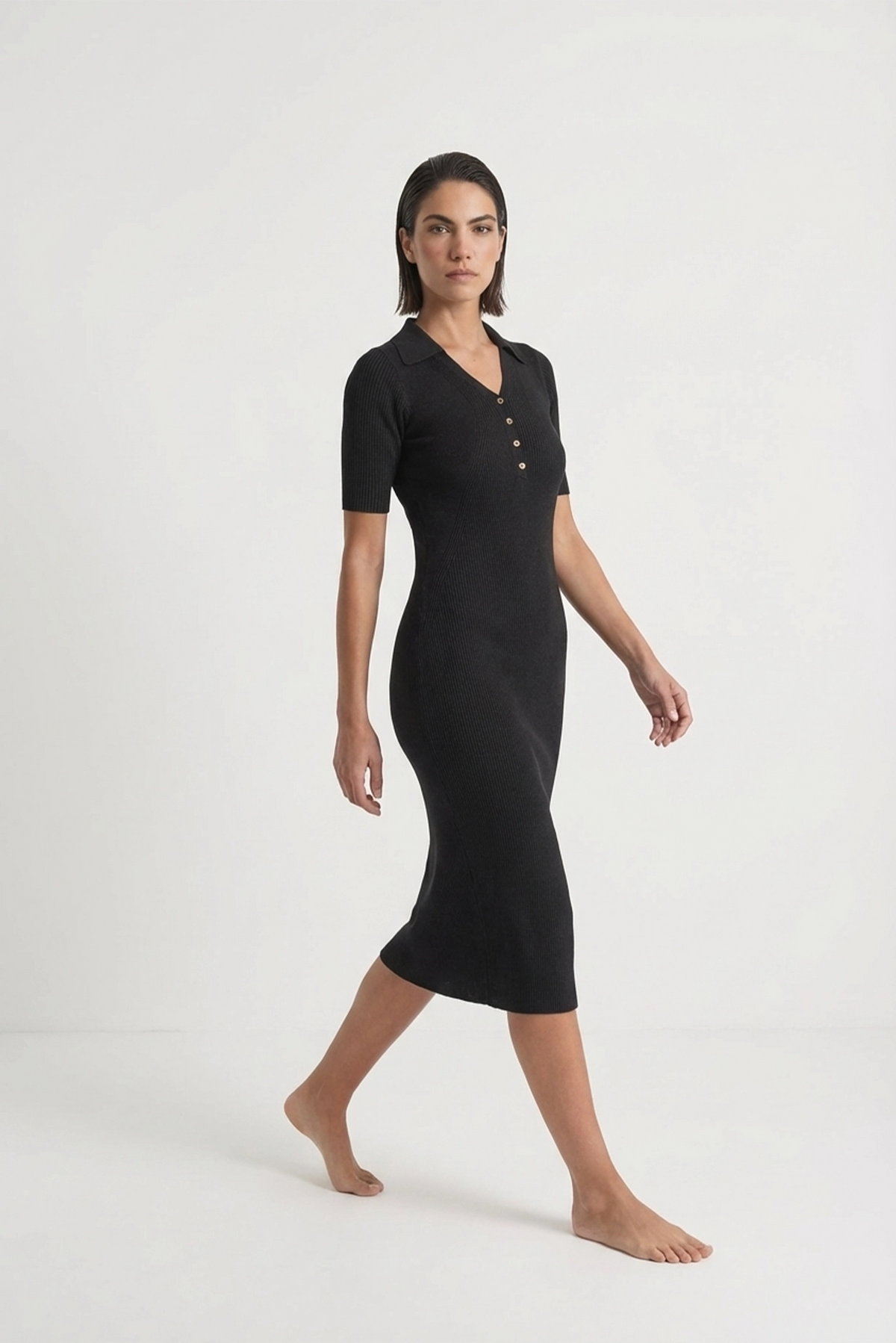 Ribbed Midi Polo Dress in Black Luxmii