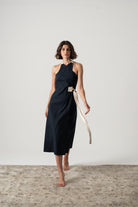Zulu Linen Wrap Dress in Navy Luxmii