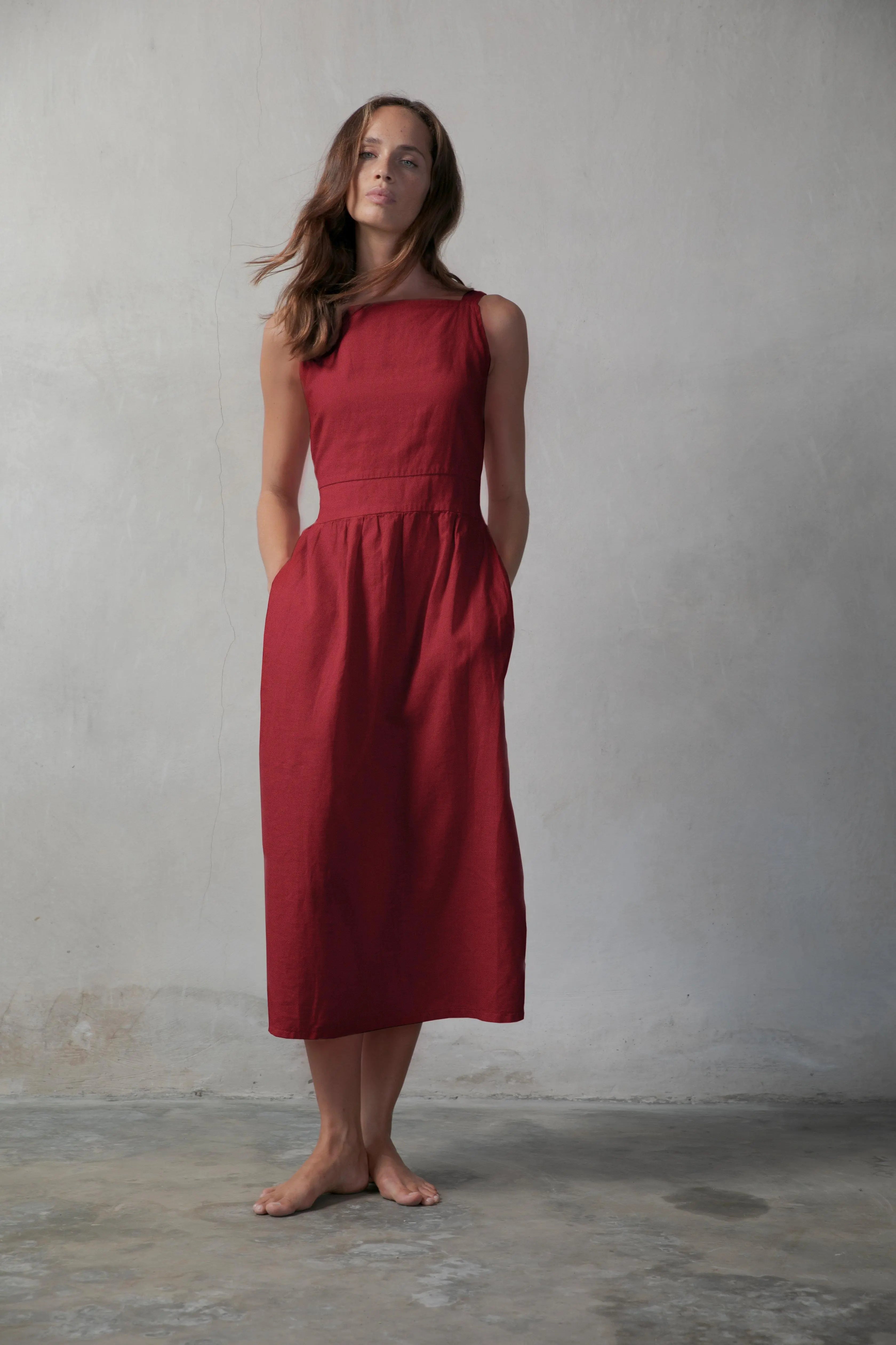 Farfalla Linen Midi Dress Bordeaux - Luxmii