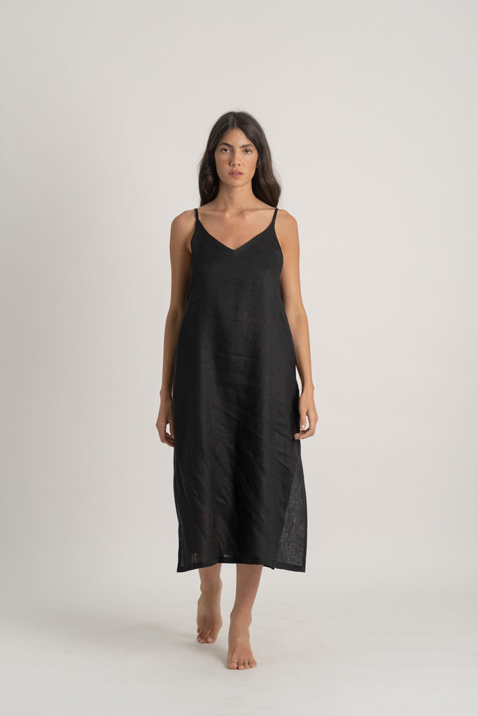 Basique Linen Slip Dress Black Luxmii