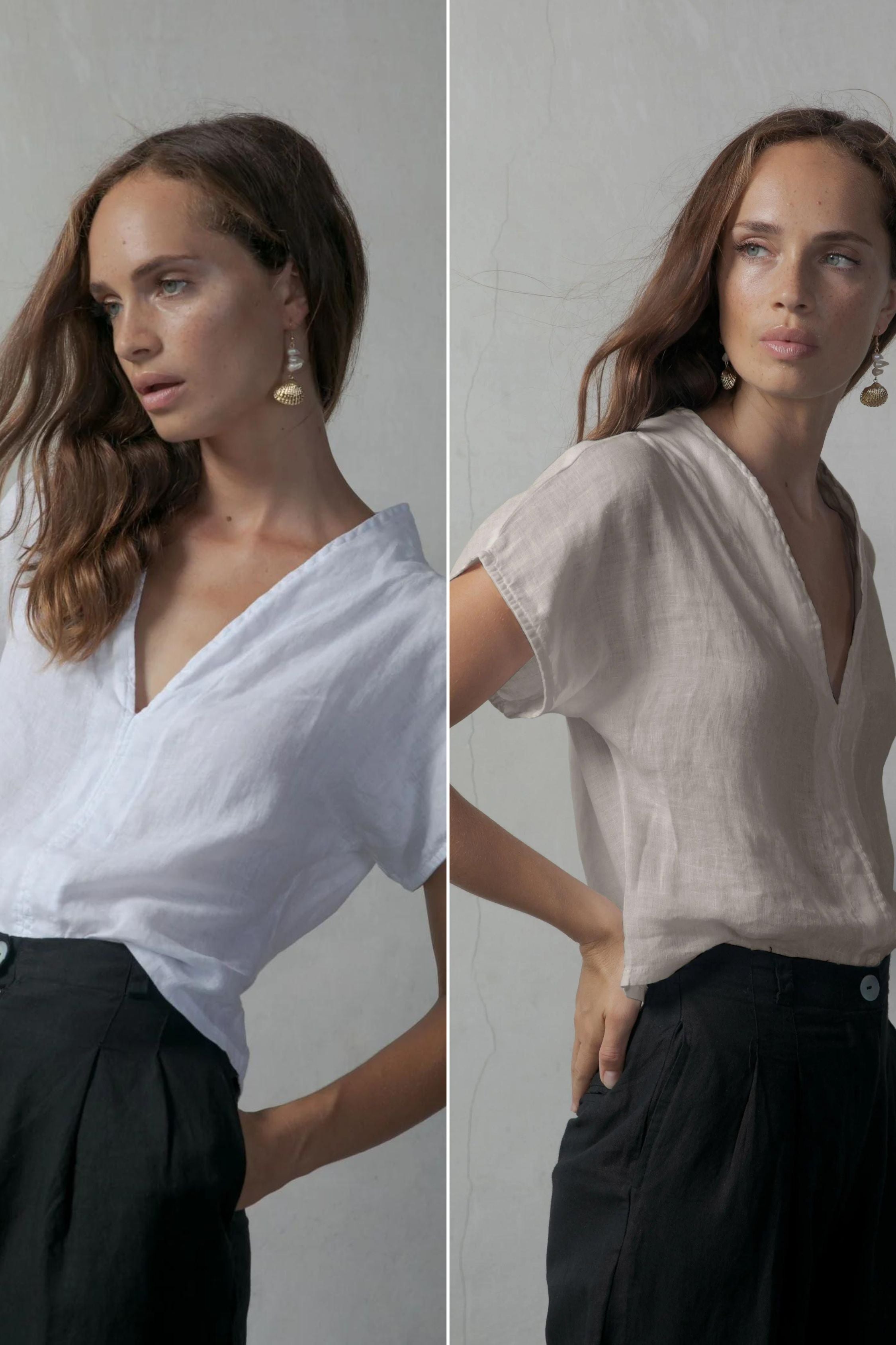 Collo Alto Linen Top White + Oatmeal Luxmii