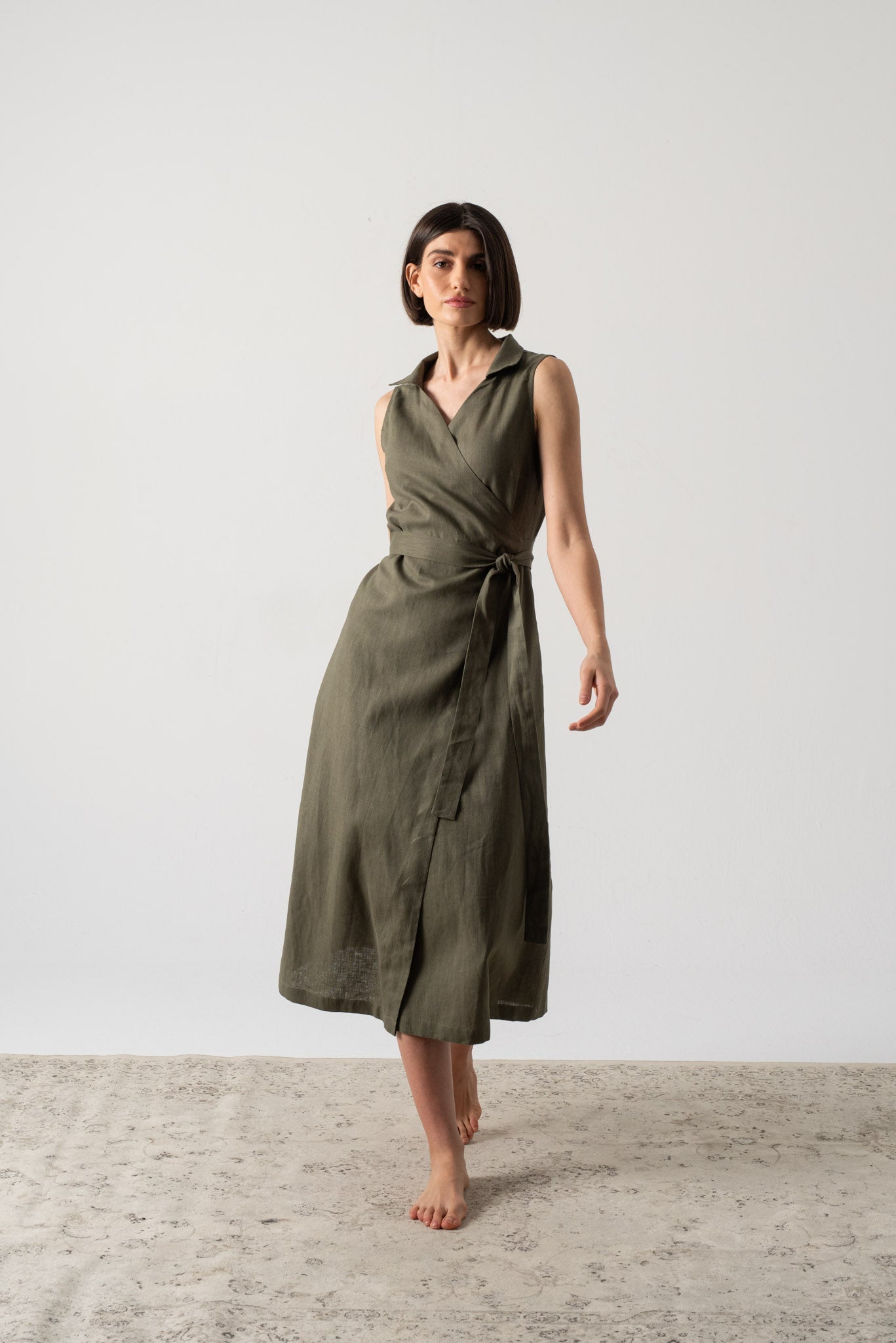 Cora Linen Wrap Dress Khaki Luxmii