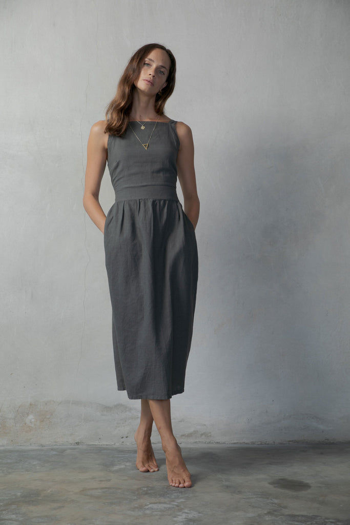 Farfalla Linen Midi Dress Grey Anthrazit Luxmii