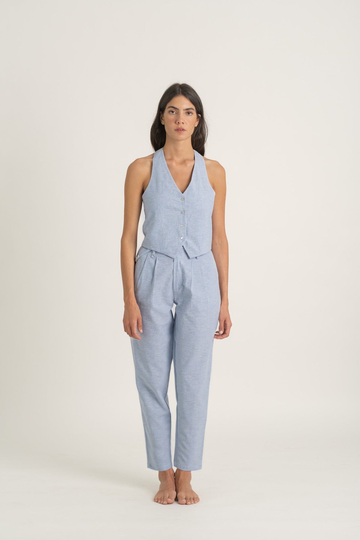 Figurati Linen Gilet Top Sky Blue - LUXMII