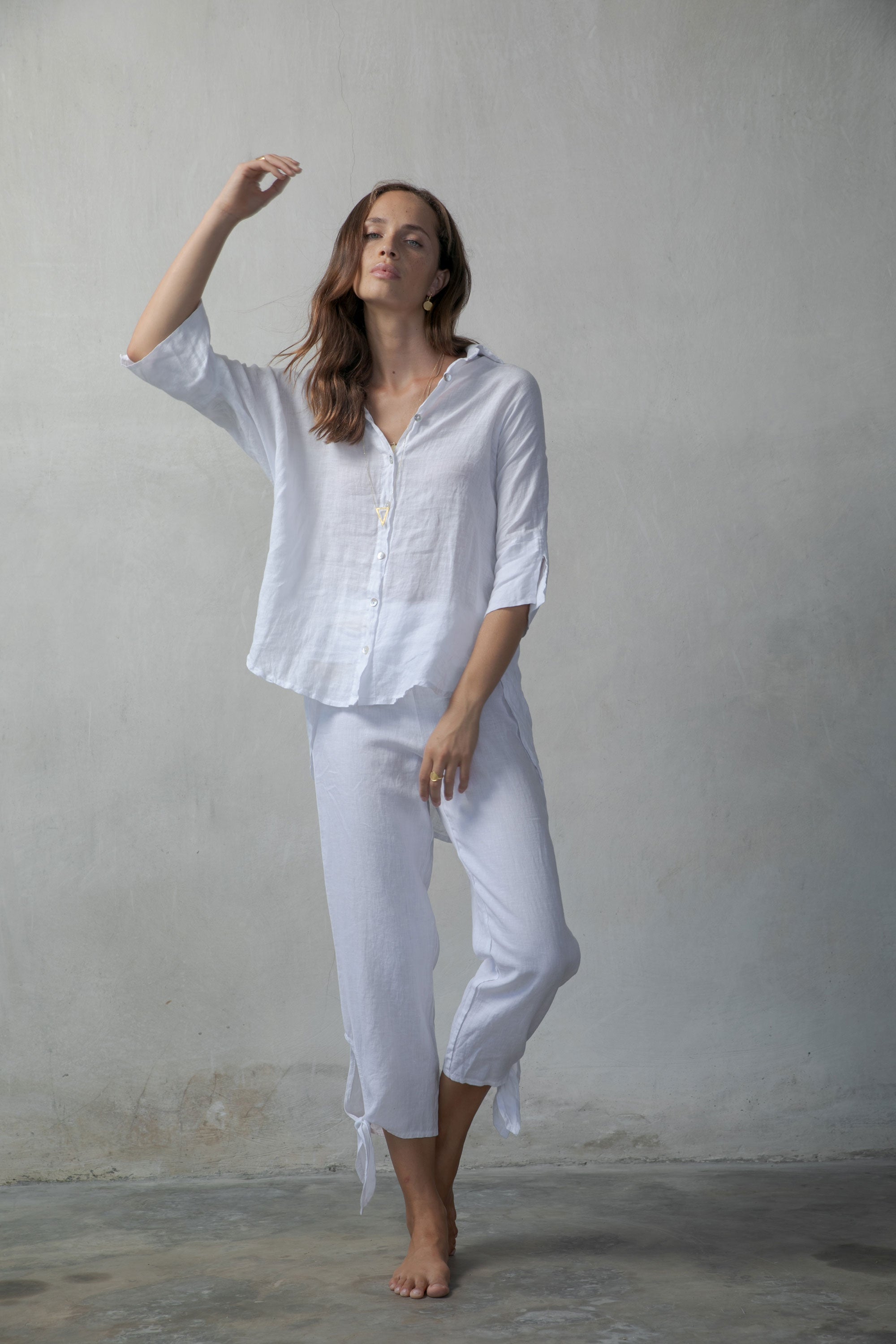 Collo Alto Linen Top White + Oatmeal