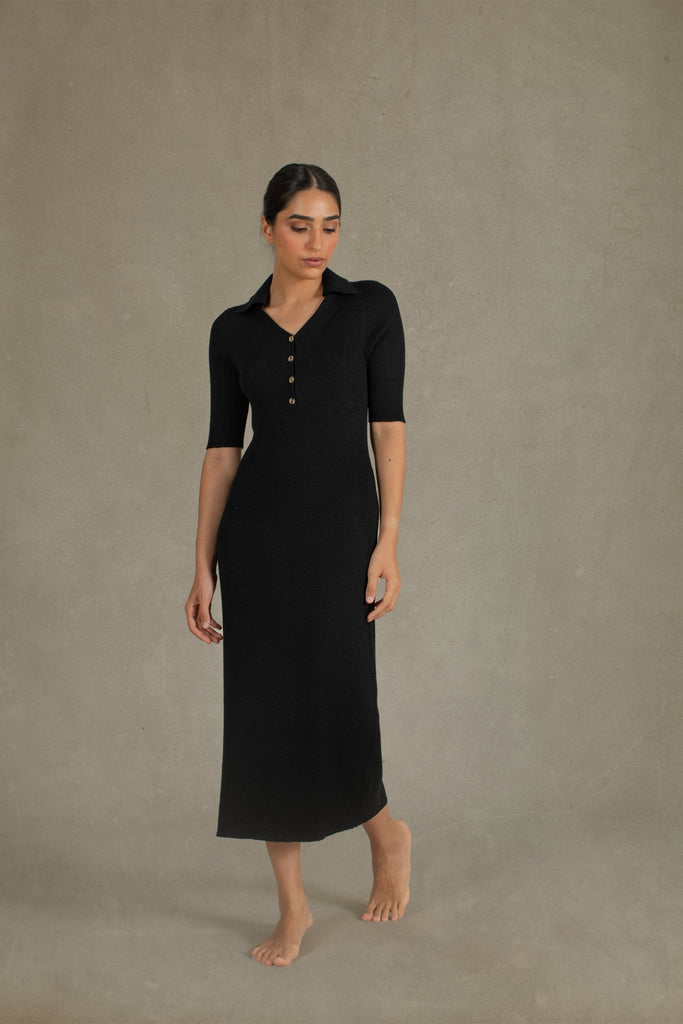 Linen Ribbed Midi Polo Dress in Black Luxmii