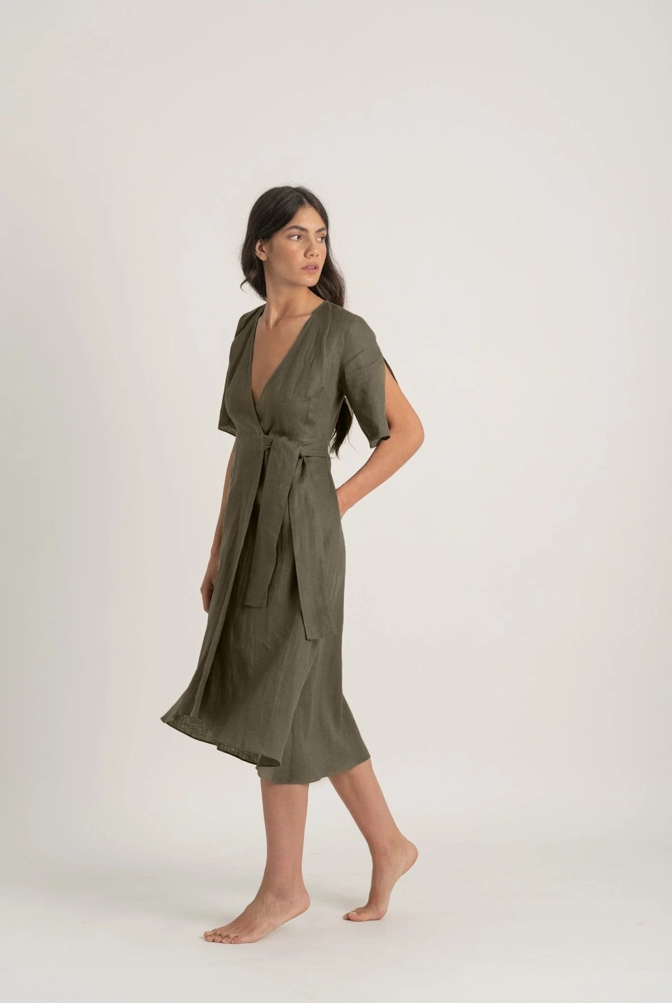 Meraki Linen Wrap Dress Khaki Luxmii
