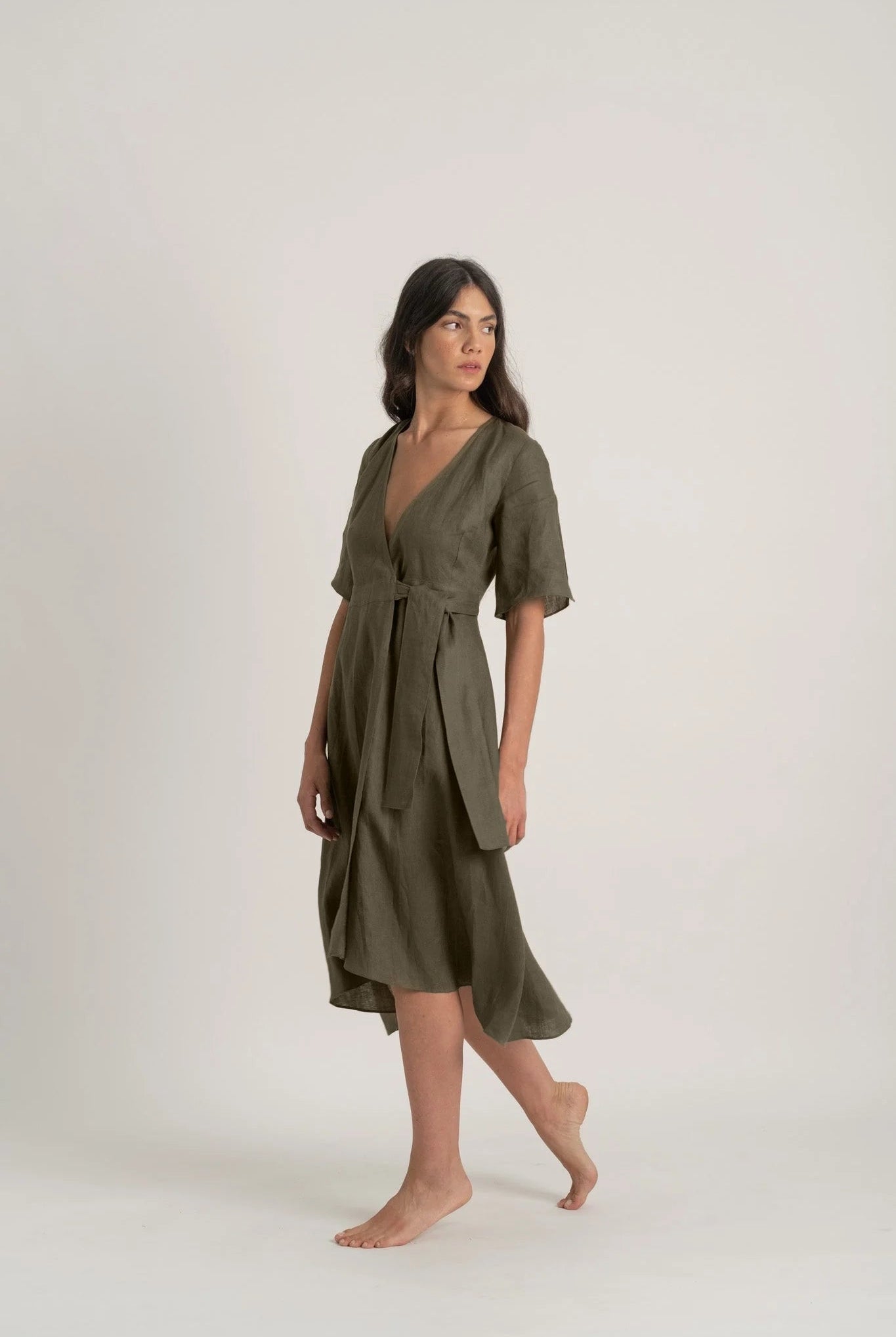 Meraki Linen Wrap Dress Khaki Luxmii