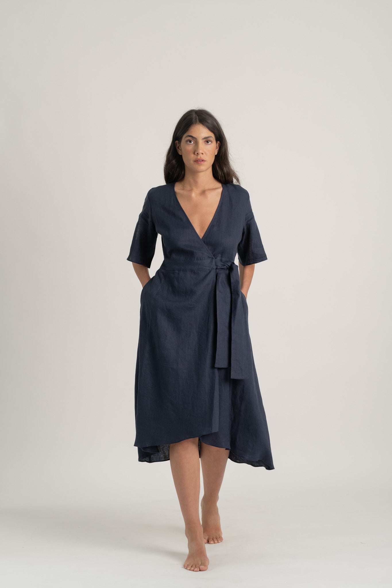 Meraki Linen Wrap Dress Navy – LUXMII