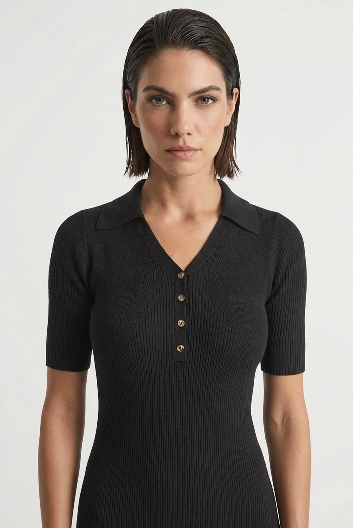 Ribbed Midi Polo Dress in Black Luxmii