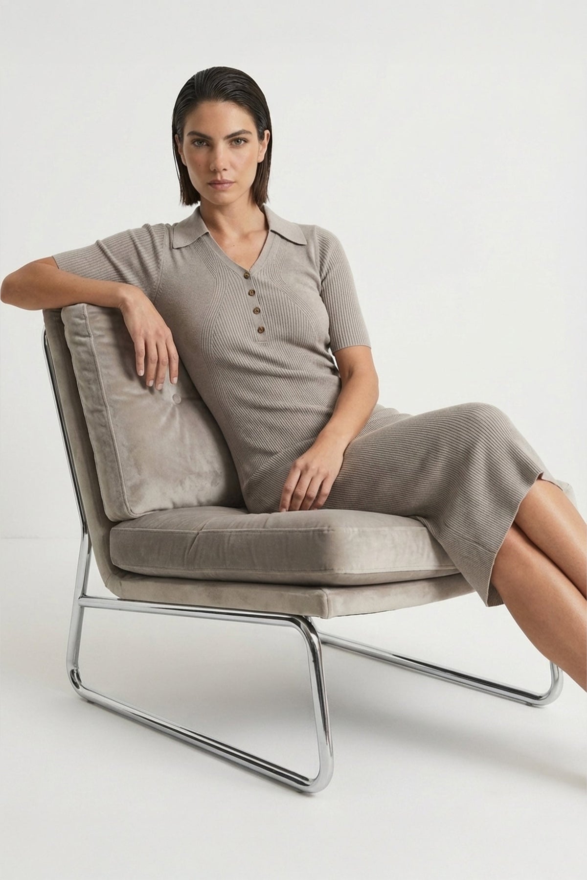 Ribbed Midi Polo Dress in Pebble Grey Luxmii