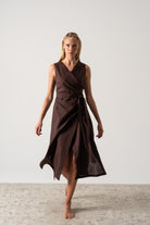 Safari Linen Wrap Dress Brown Espresso Luxmii