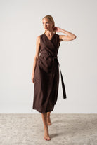 Safari Linen Wrap Dress Brown Espresso Luxmii