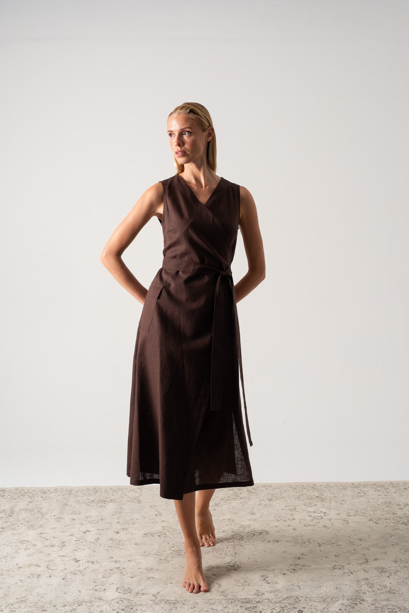 Safari Linen Wrap Dress Brown Espresso Luxmii