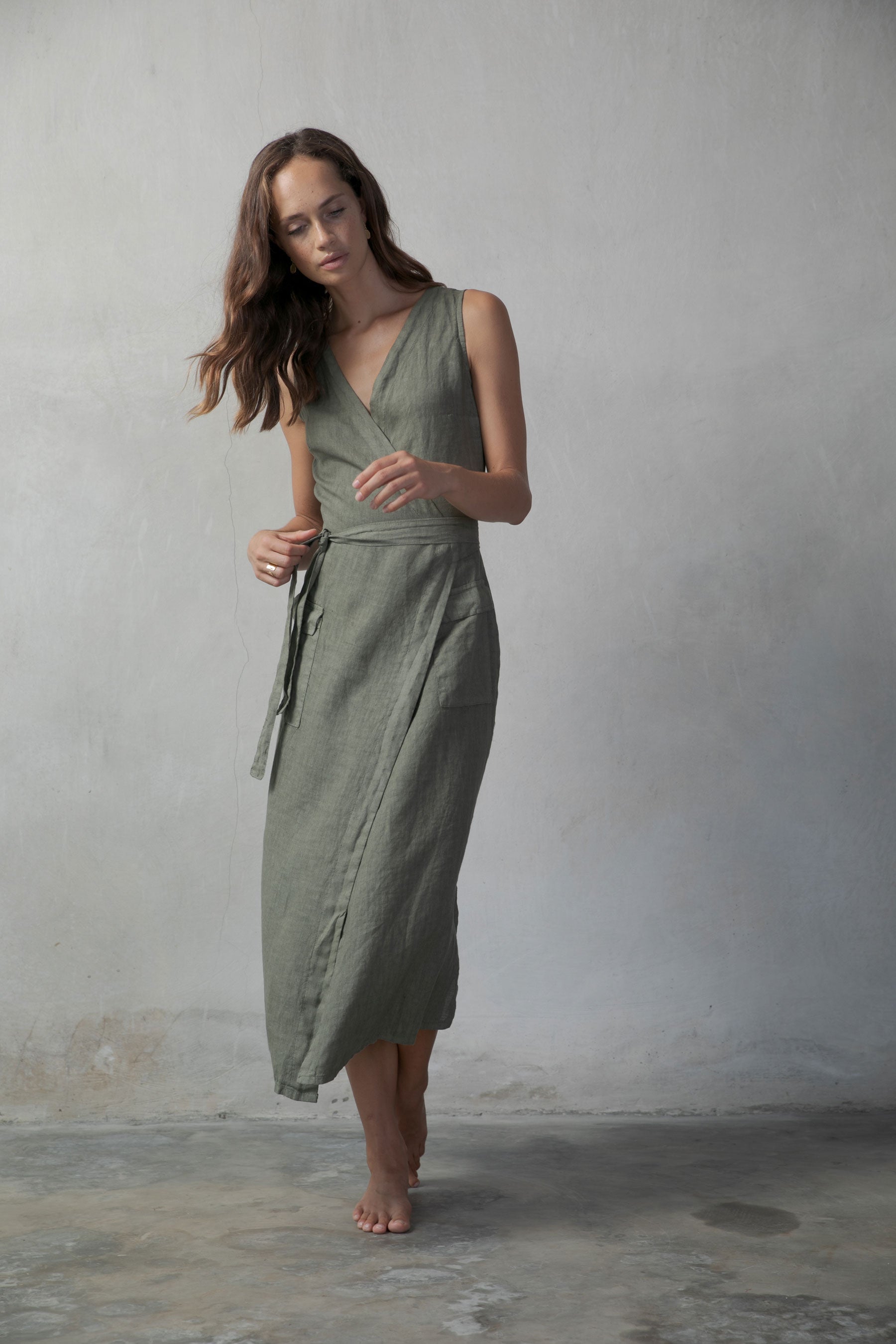 Safari Linen Wrap Dress Khaki Luxmii