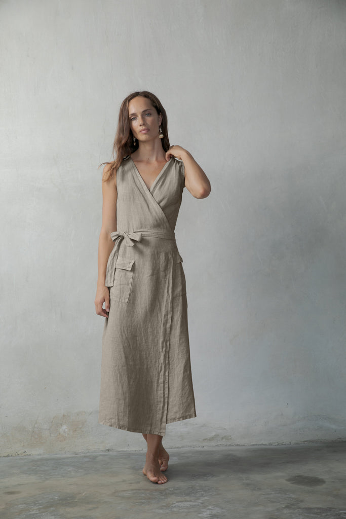 Safari Linen Wrap Dress Oatmeal Beige Luxmii
