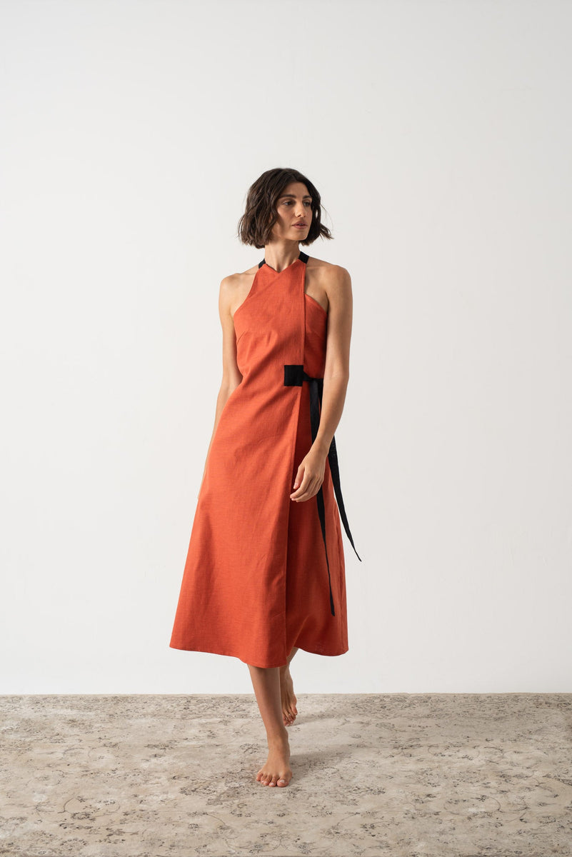 Zulu Linen Wrap Dress in Copper - LUXMII