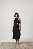 Zulu Linen Wrap Dress in Navy Luxmii