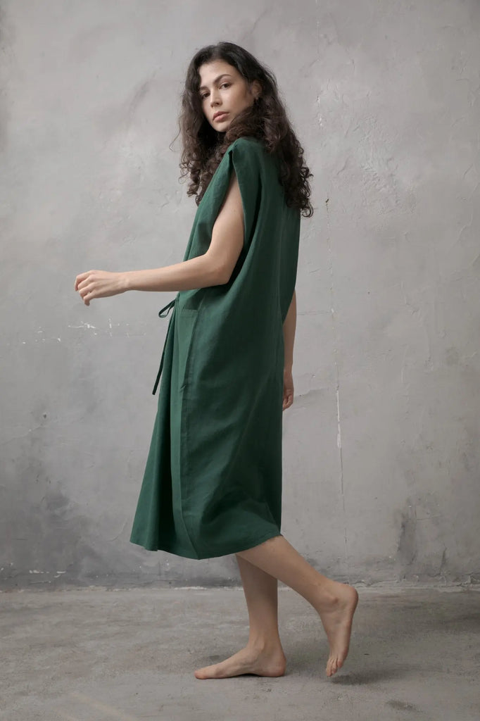 Hera Drawstring Linen Dress Forest - Luxmii