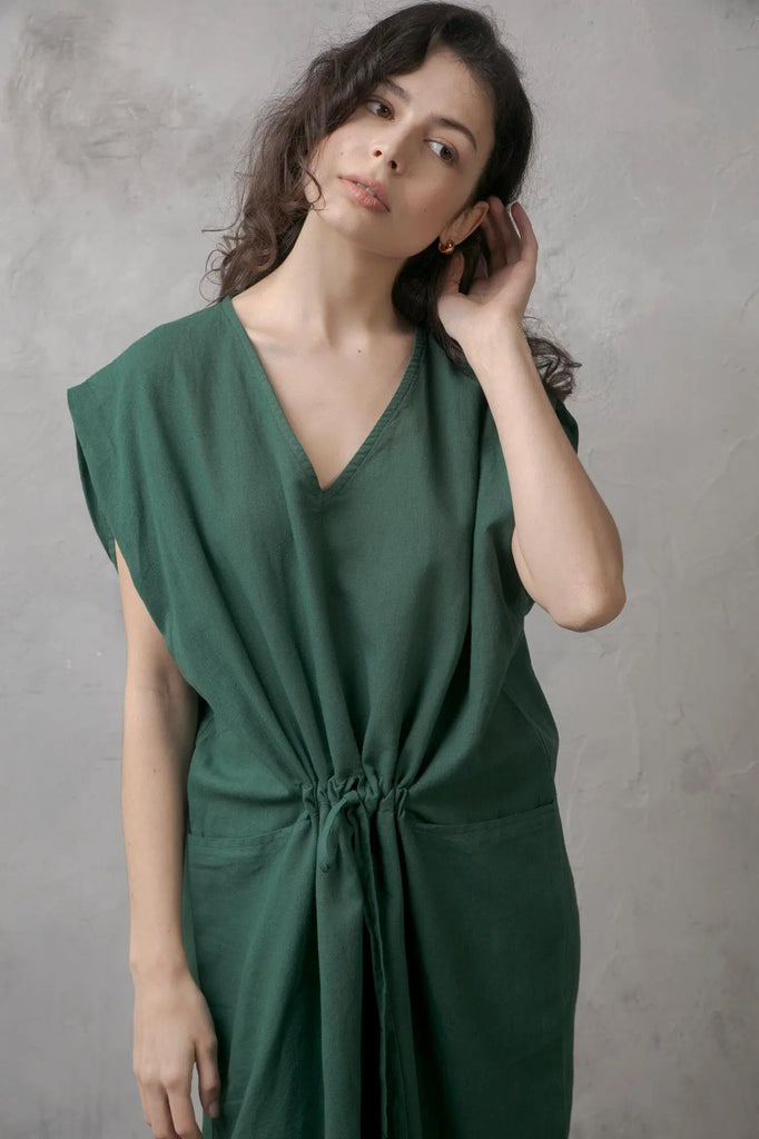 Hera Drawstring Linen Dress Forest - Luxmii