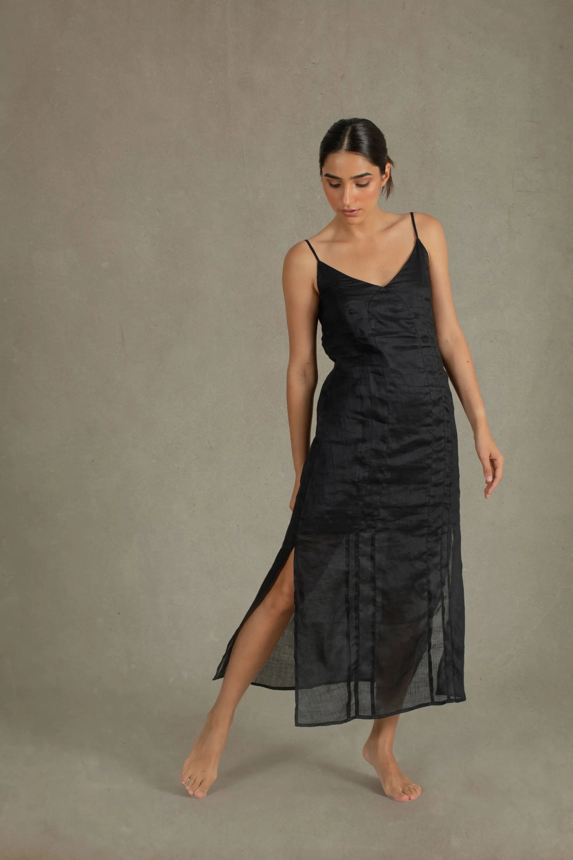 Womens Linen Slip Dress Black