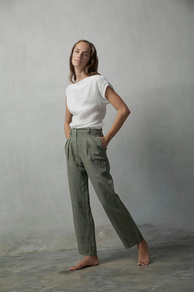 Piega Linen Trousers Khaki - Luxmii